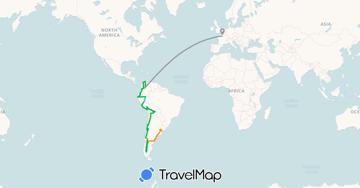 TravelMap itinerary: bus, plane, hiking, boat, hitchhiking in Argentina, Bolivia, Chile, Colombia, Ecuador, France, Peru (Europe, South America)